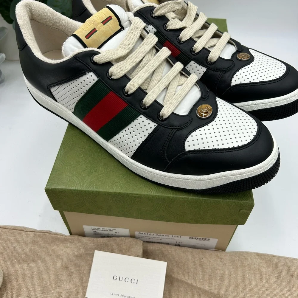 Men's Gucci, low top screener sneakers black white paneled leather design 12.5